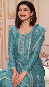 Sky Blue  Silk Georgette Embroidered  Salwar Suit With Pant Dupatta